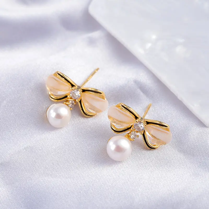 Bow Pearl Earrings for Women Gold Plated - Image 4