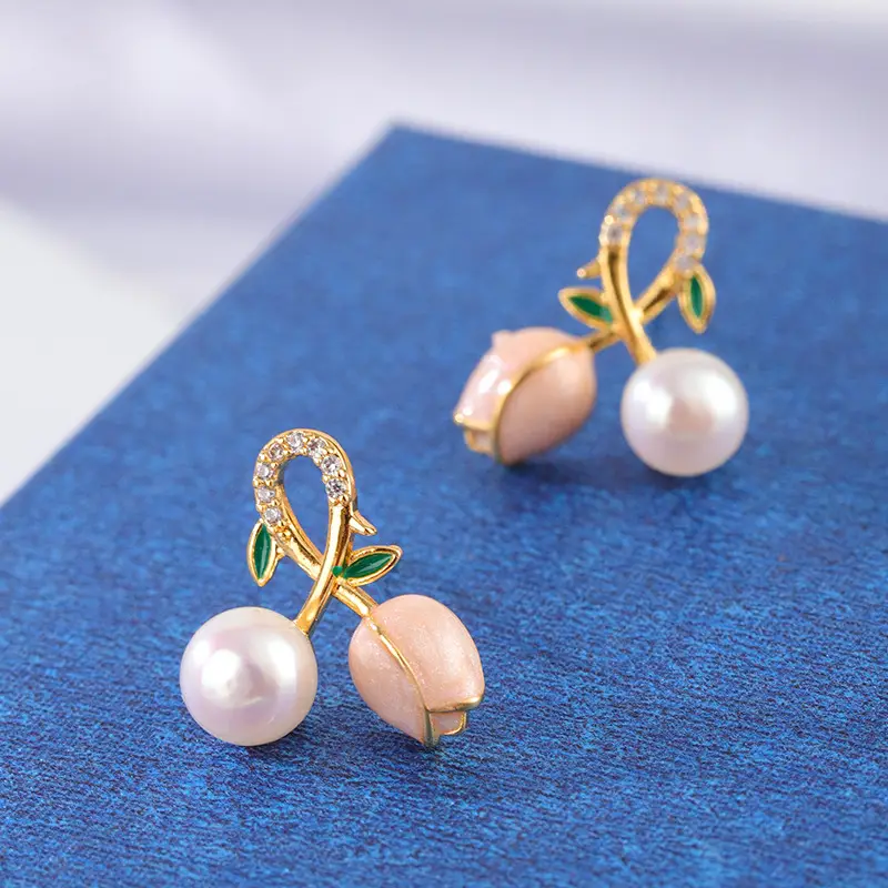Pink Tulip Pearl Earrings S925 Silver Needle Wholesale - Image 3