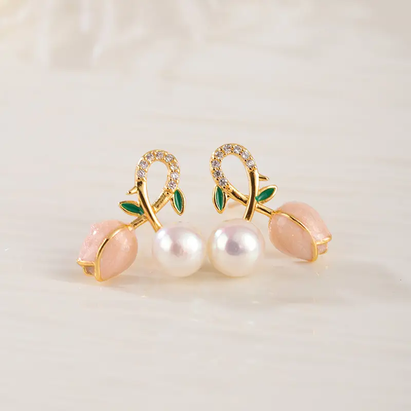 Pink Tulip Pearl Earrings S925 Silver Needle Wholesale - Image 4