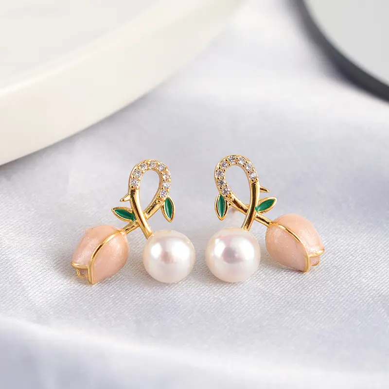 Pink Tulip Pearl Earrings S925 Silver Needle Wholesale - Image 5