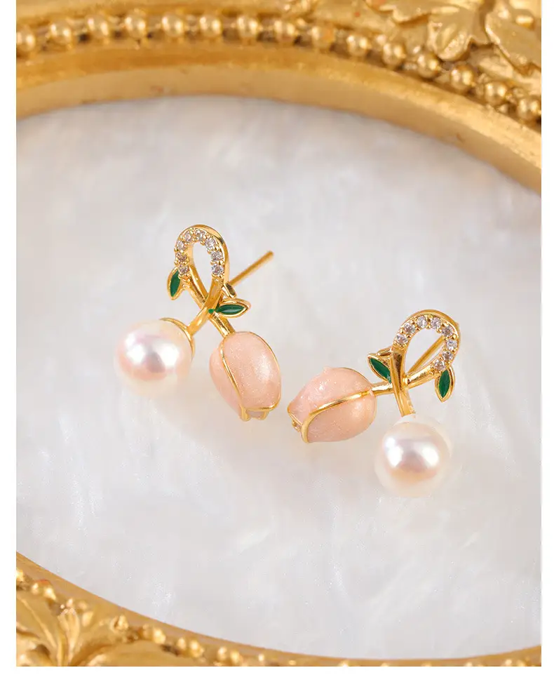 Pink Tulip Pearl Earrings S925 Silver Needle Wholesale — feature 7