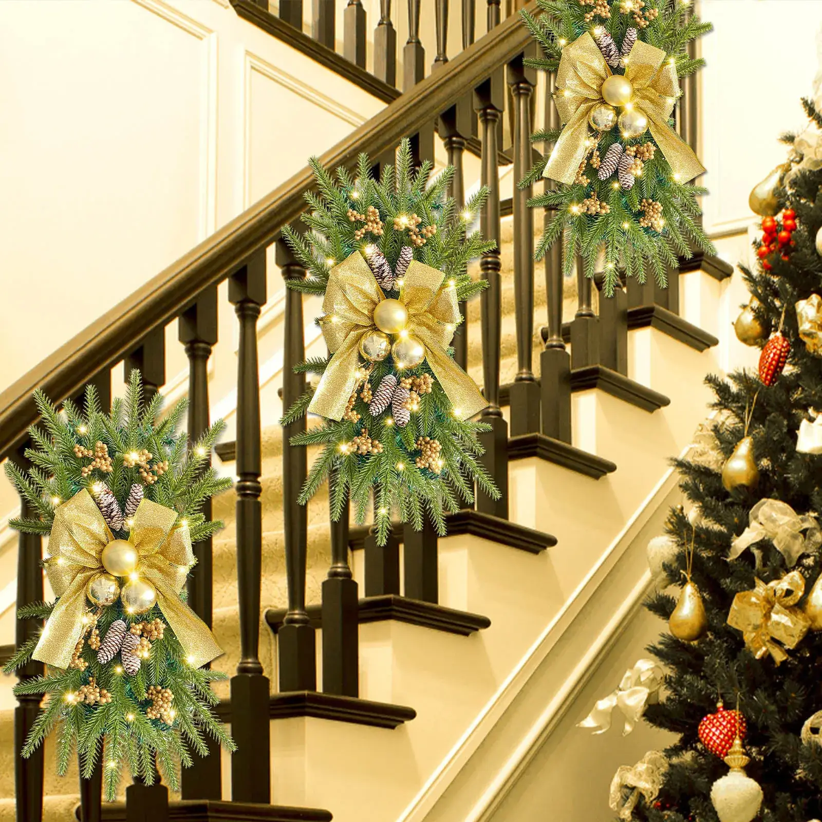 Cangyan 45cm Red Bow Upside-Down Tree Garland
