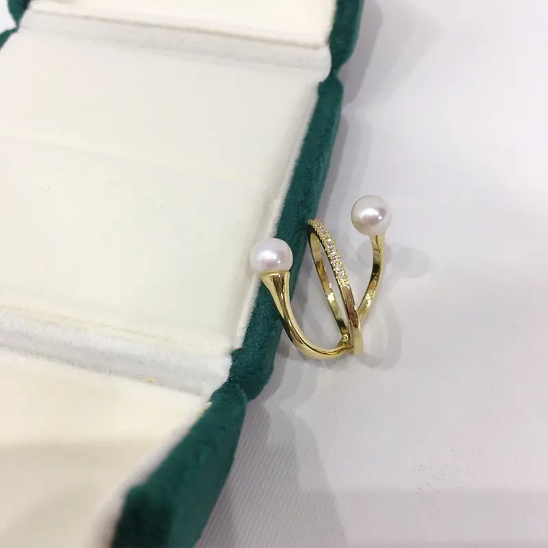 Natural Freshwater Pearl Ring White Copper Gold Plated Double Bead — feature 6