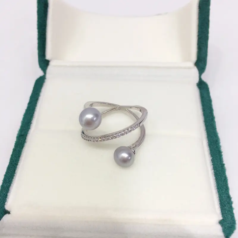Natural Freshwater Pearl Ring White Copper Gold Plated Double Bead - Image 2