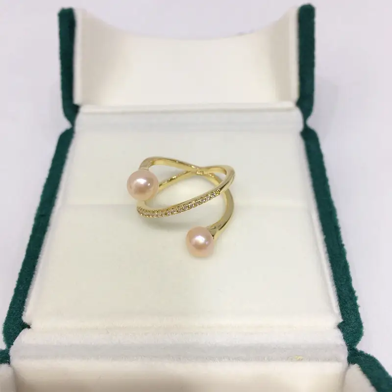 Natural Freshwater Pearl Ring White Copper Gold Plated Double Bead - Image 3
