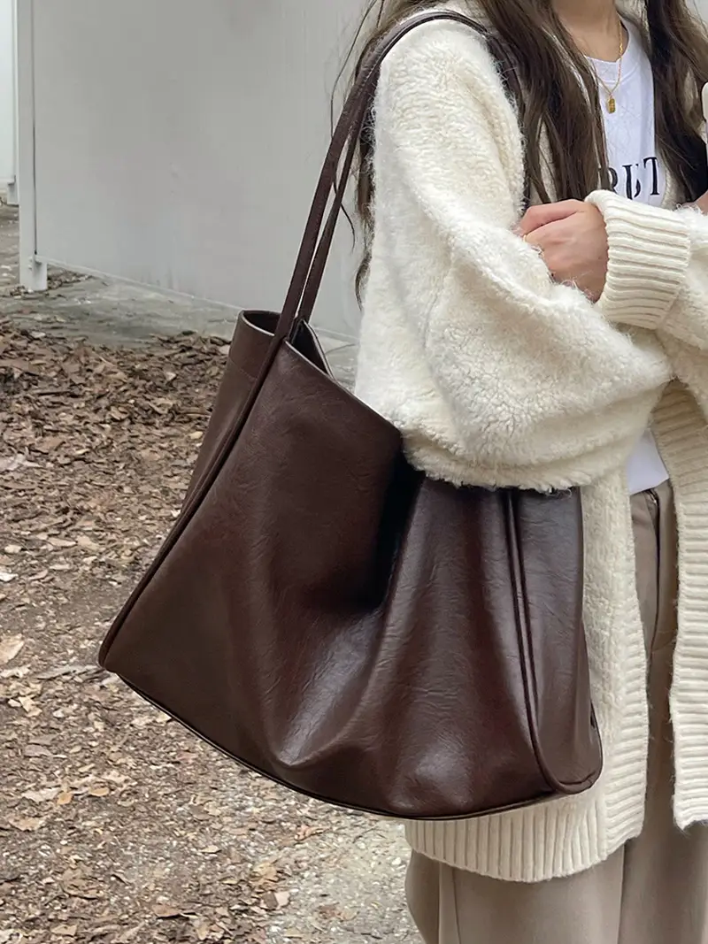 Women's Large Capacity Soft Leather Tote Bag Brown - Image 4