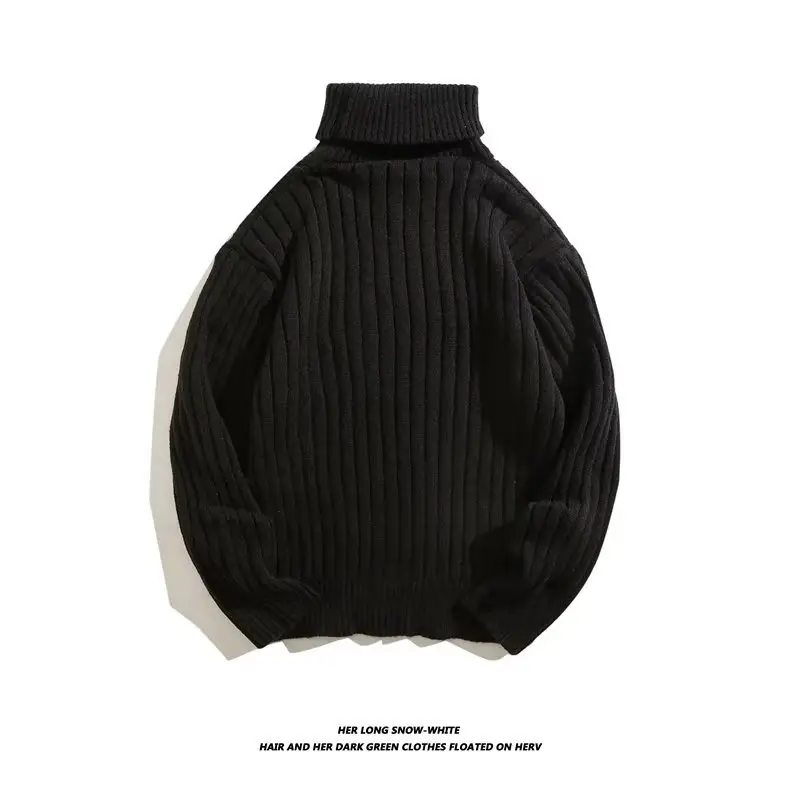 Men Black Knitted Turtleneck Sweater with Vertical Stripes