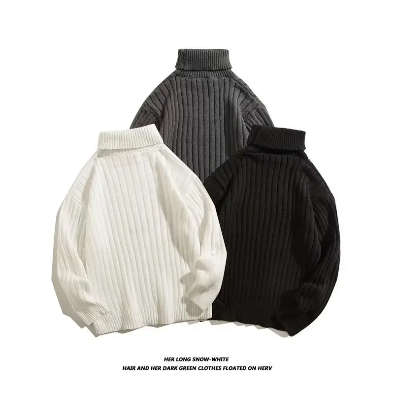 Men Black Knitted Turtleneck Sweater with Vertical Stripes