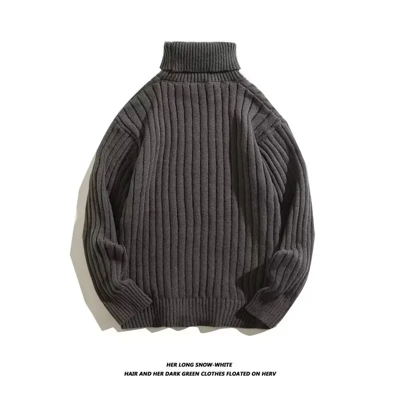 Men Black Knitted Turtleneck Sweater with Vertical Stripes