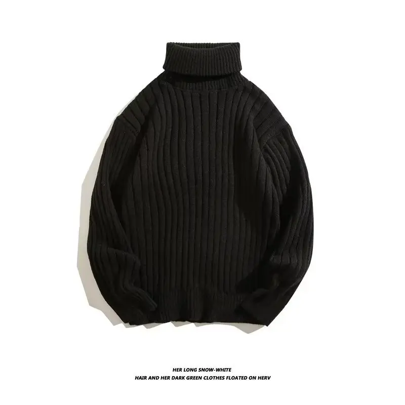 Men Black Knitted Turtleneck Sweater with Vertical Stripes