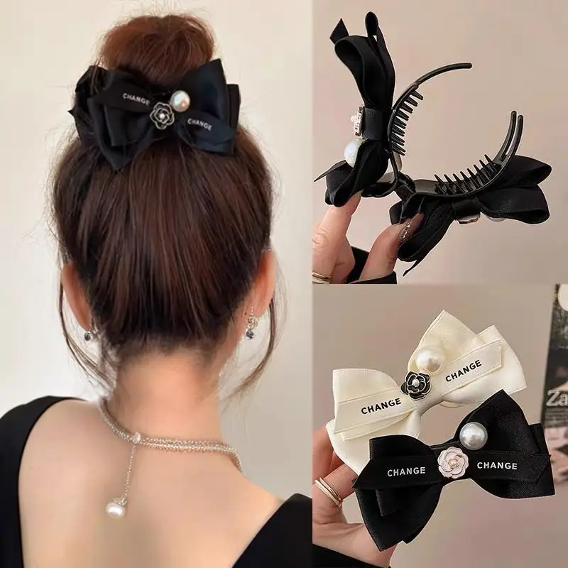 Black Camellia Bow Hairpin with Pearl Button for Updo - Image 4