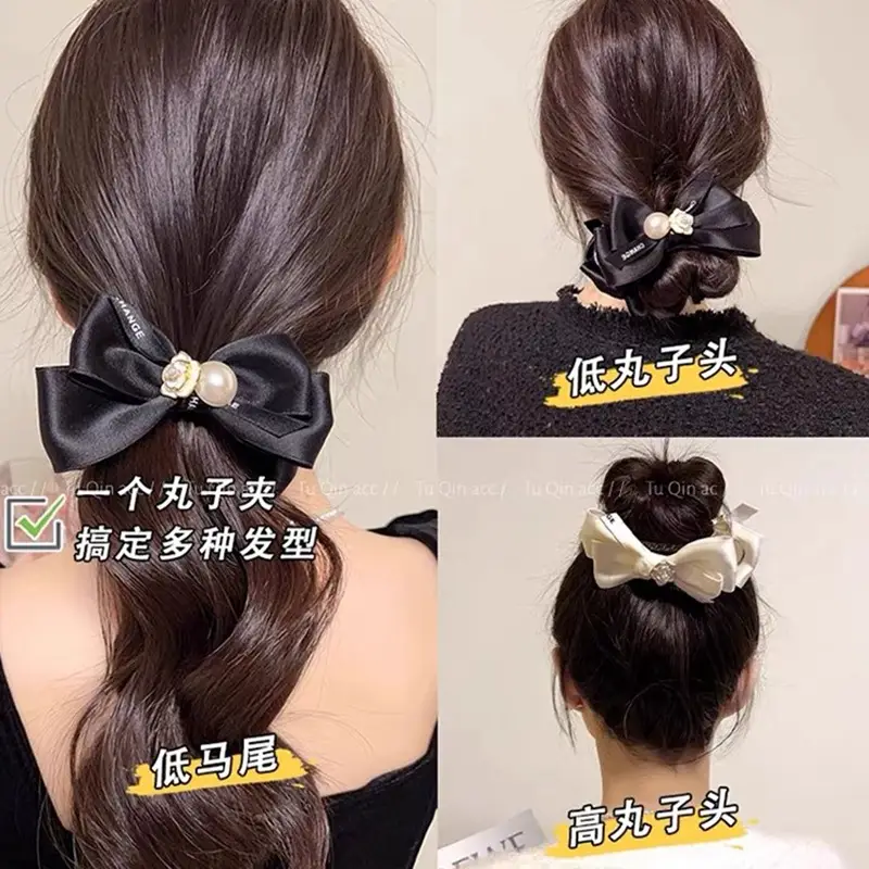 Black Camellia Bow Hairpin with Pearl Button for Updo - Image 5
