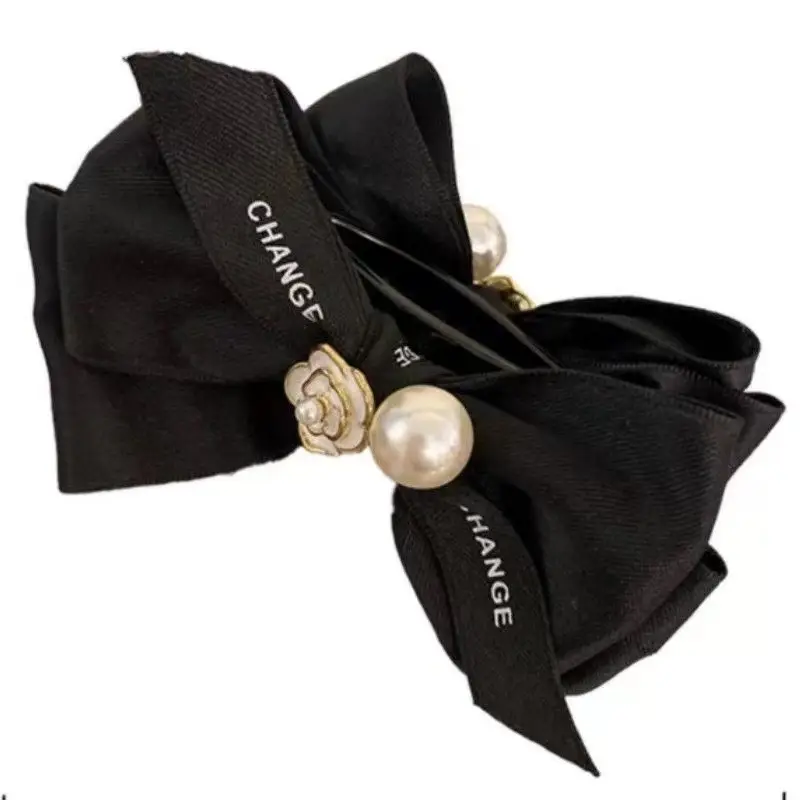 Black Camellia Bow Hairpin with Pearl Button for Updo - Image 7