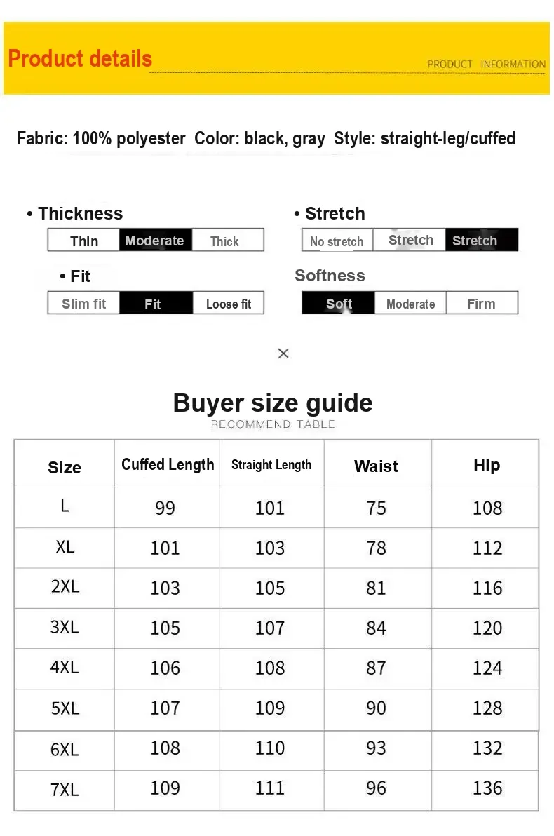 Product information and garment measurement table for sizes L to 7XL.