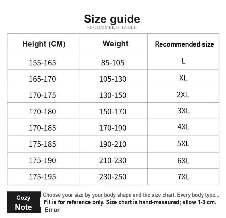 Suggested size table by height in cm and weight in jin, sizes L to 7XL.