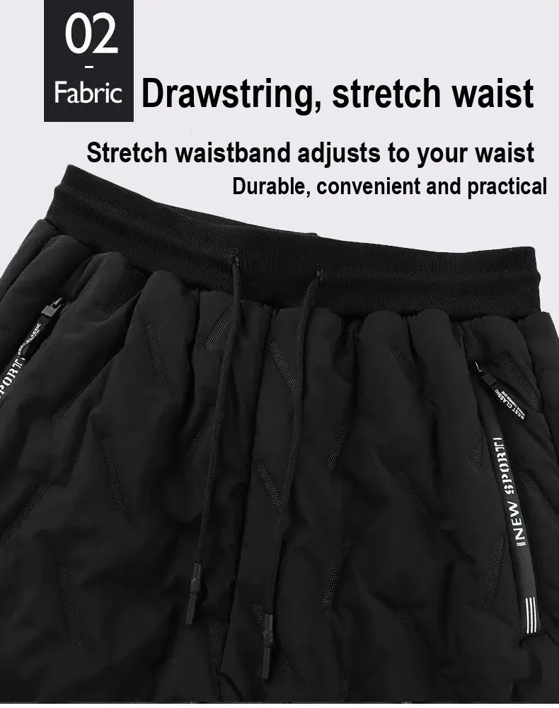 Elastic waistband and drawstring on the black pants.