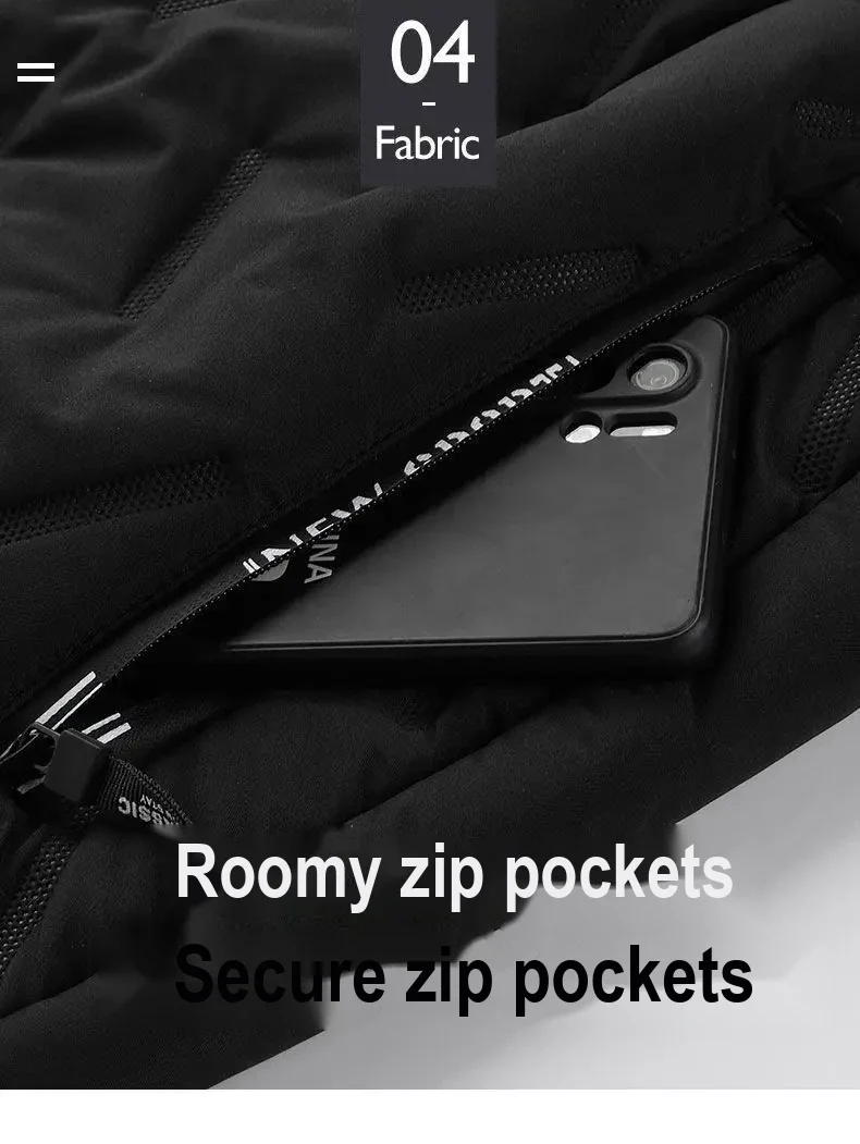 Zippered pocket shown holding a phone.