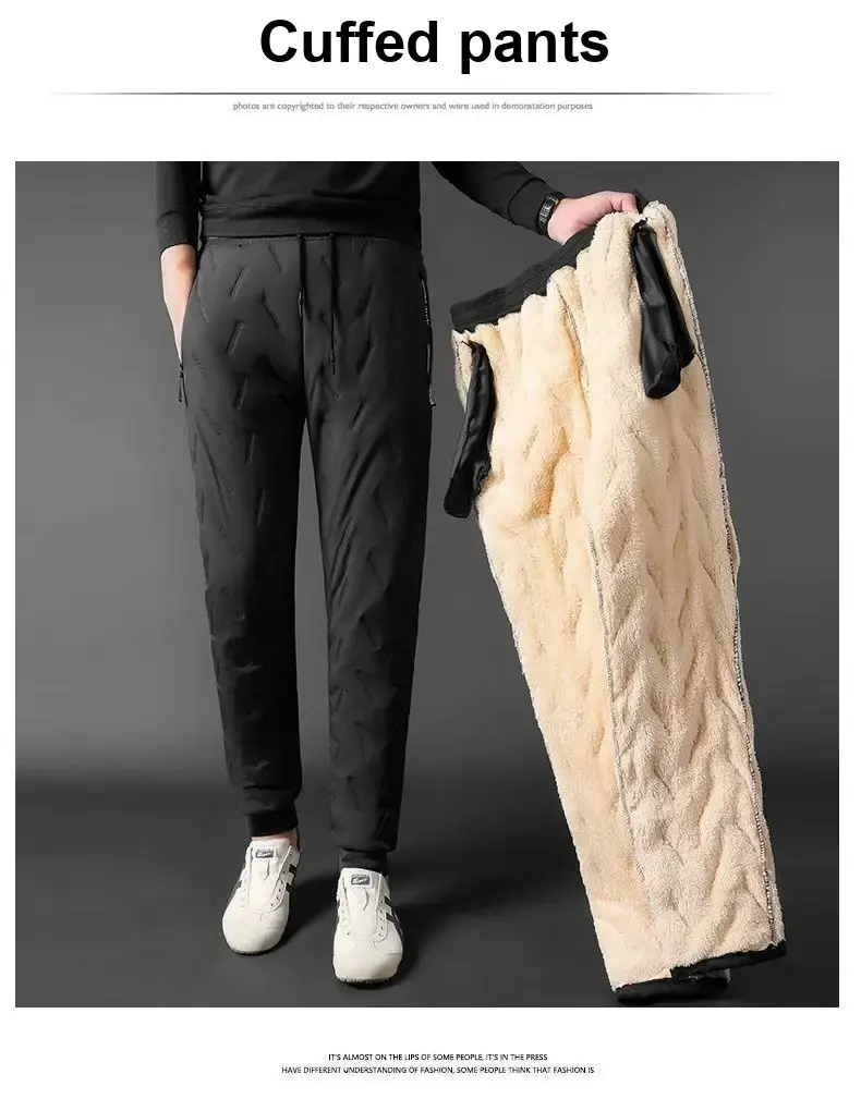 Adult model wearing black ankle-cuff pants and displaying fleece lining.