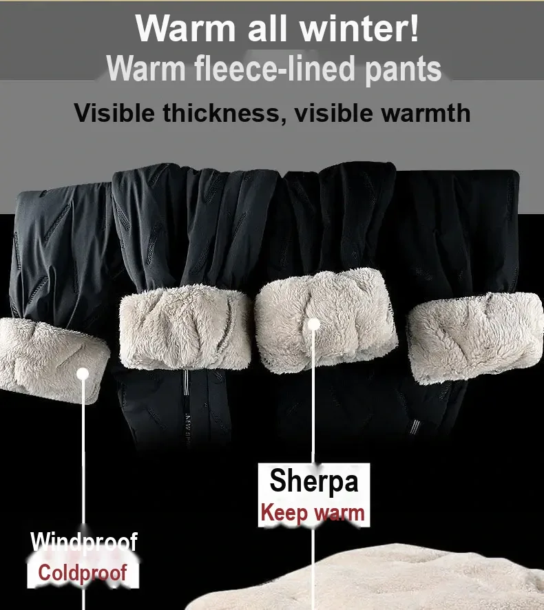 Close-up of pants cuffs and fleece lining with Chinese labels.
