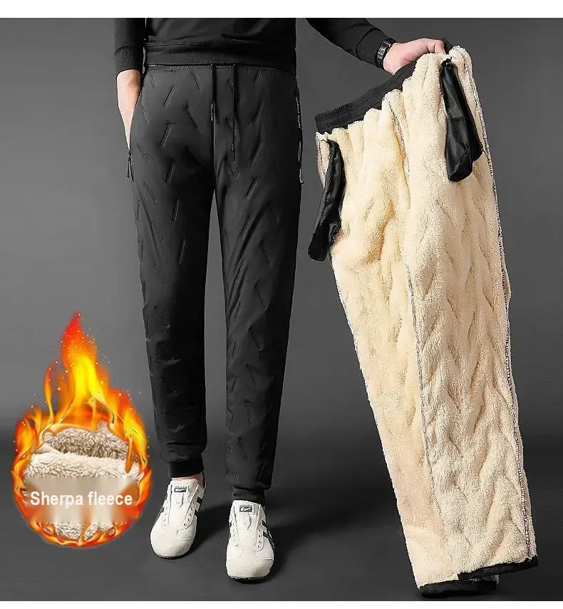 Adult model wearing black pants while showing the cream fleece lining.