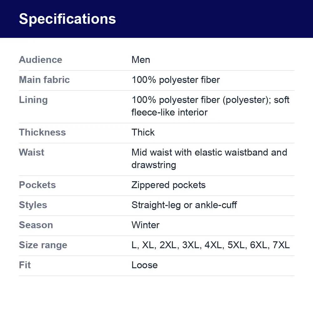 Men’s Fleece-Lined Winter Pants with Zip Pockets – specifications