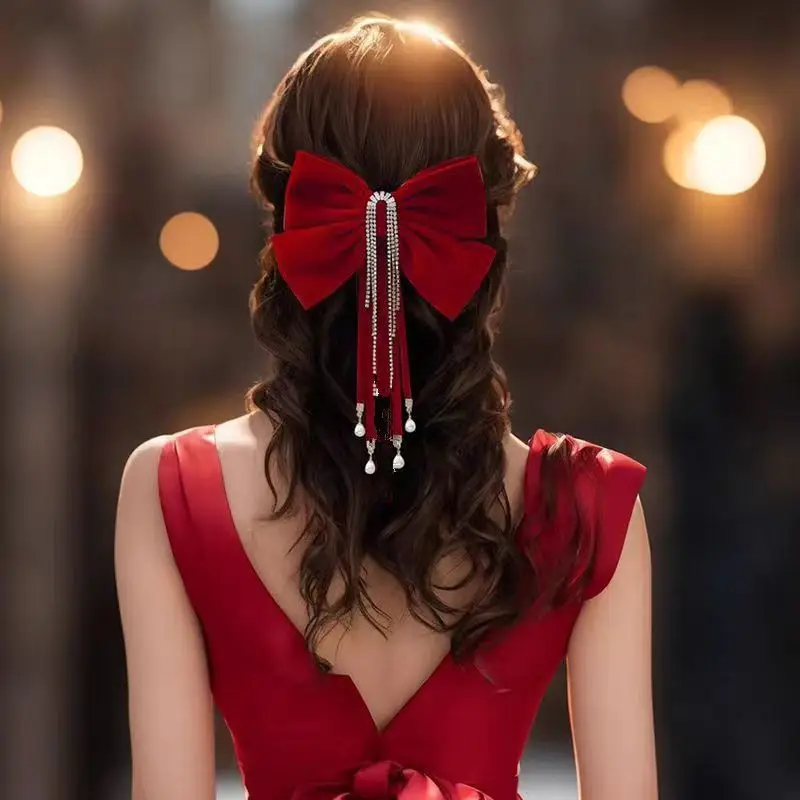 Burgundy Velvet Big Bow Hairpin for Bride 2023