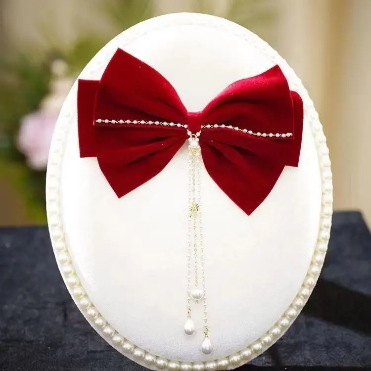 Burgundy Velvet Big Bow Hairpin for Bride 2023 — feature 4