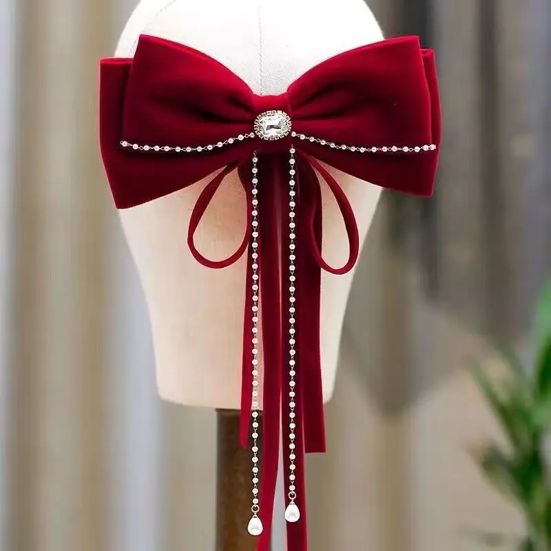 Burgundy Velvet Big Bow Hairpin for Bride 2023