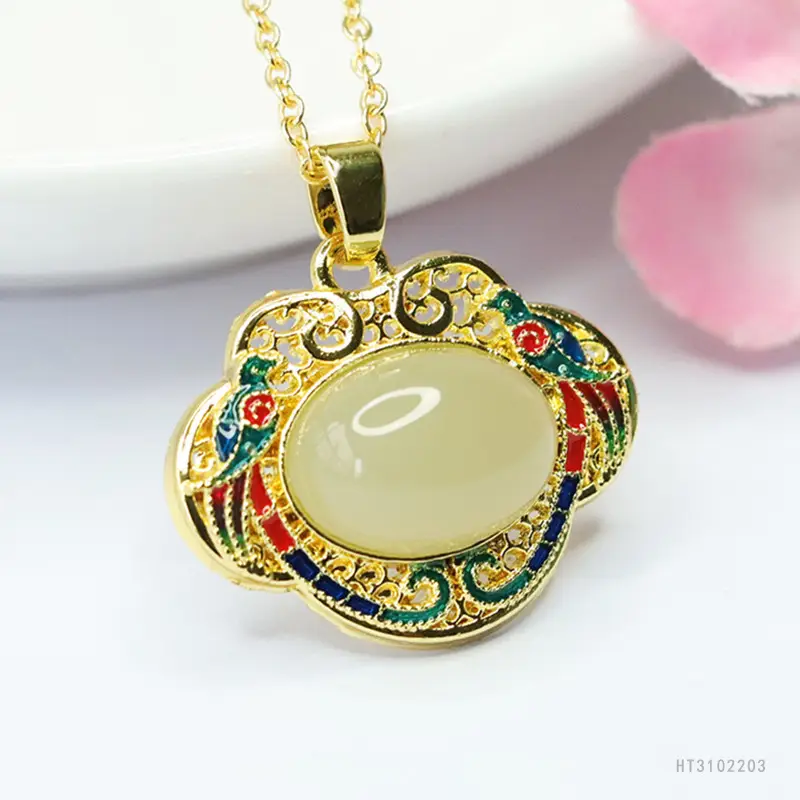 Guan Yu Hetian Jade Pendant Necklace with Enamel Design - Image 4