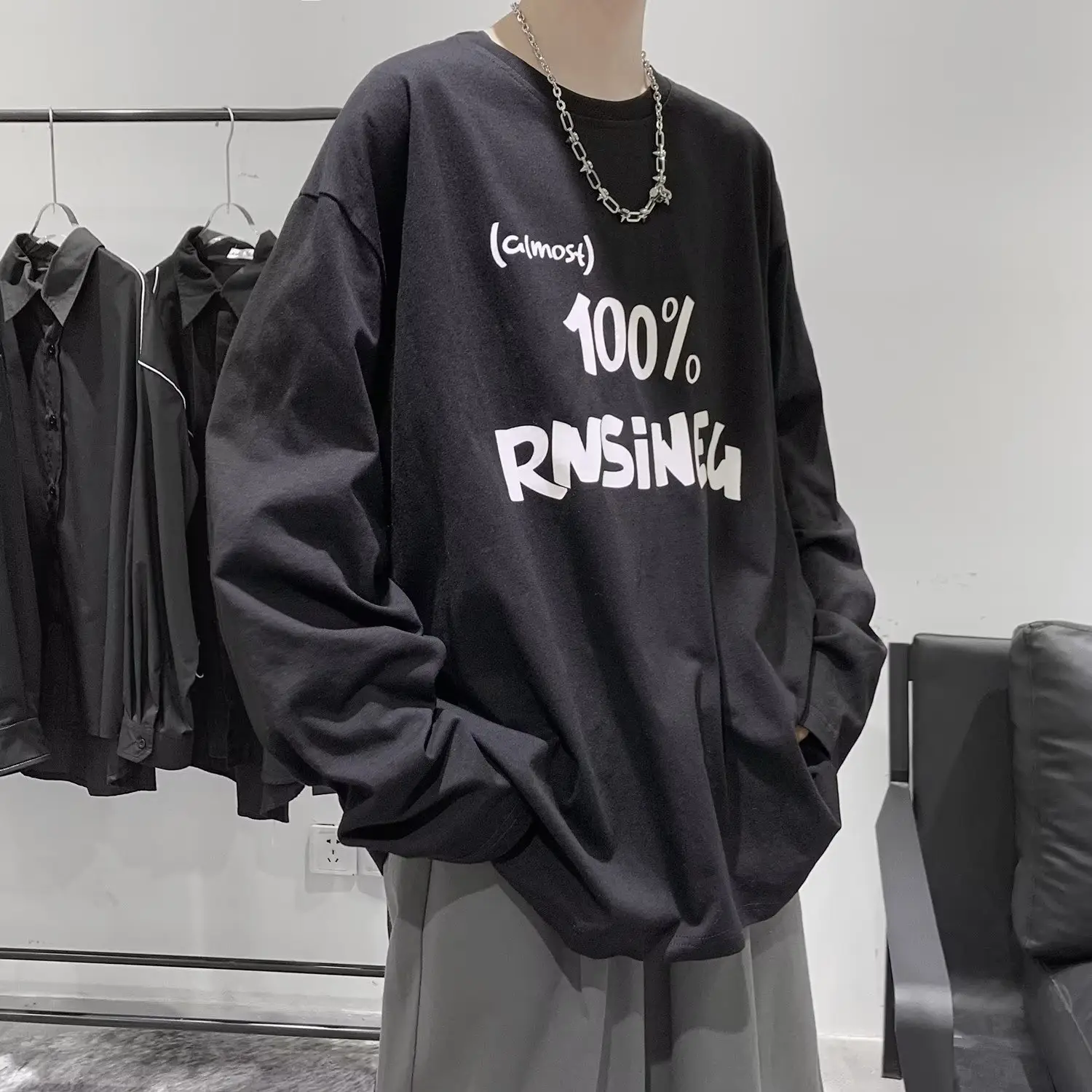 Men Printed Long Sleeve T-Shirt White Korean Style Loose Fit