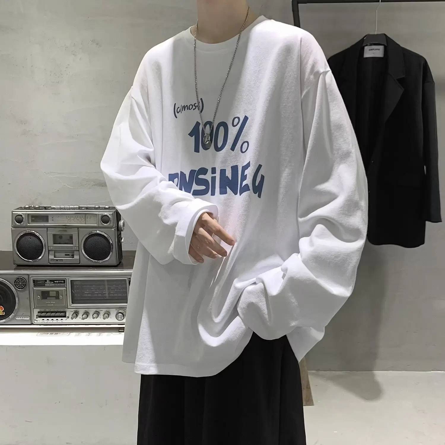 Men Printed Long Sleeve T-Shirt White Korean Style Loose Fit