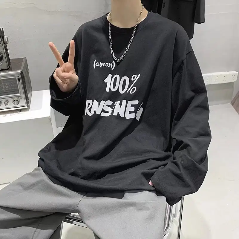Men Printed Long Sleeve T-Shirt White Korean Style Loose Fit