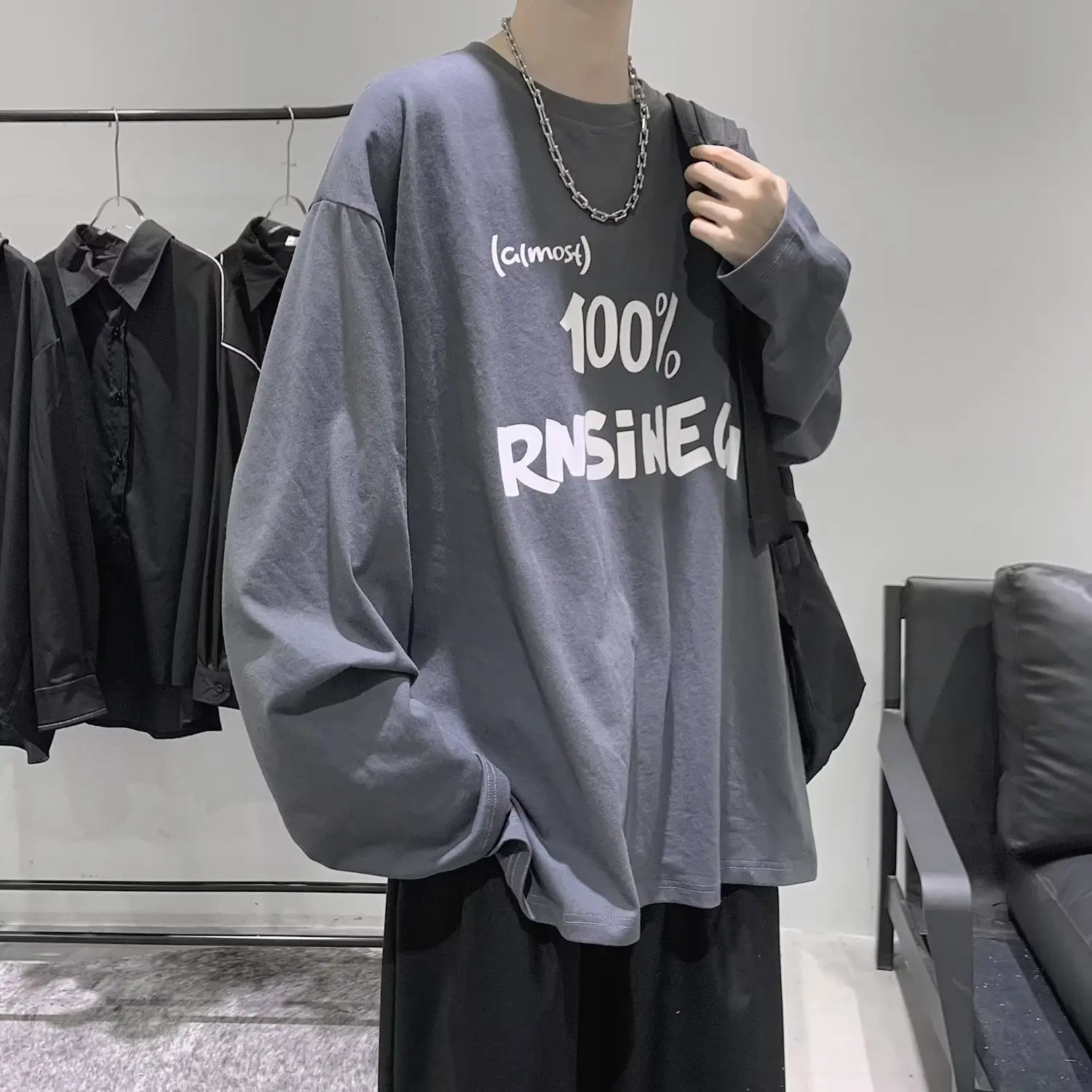 Men Printed Long Sleeve T-Shirt White Korean Style Loose Fit