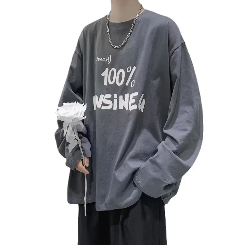Men Printed Long Sleeve T-Shirt White Korean Style Loose Fit