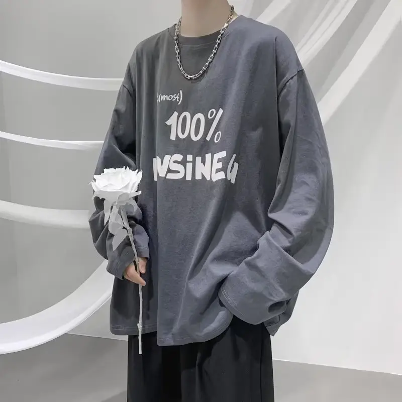 Men Printed Long Sleeve T-Shirt White Korean Style Loose Fit