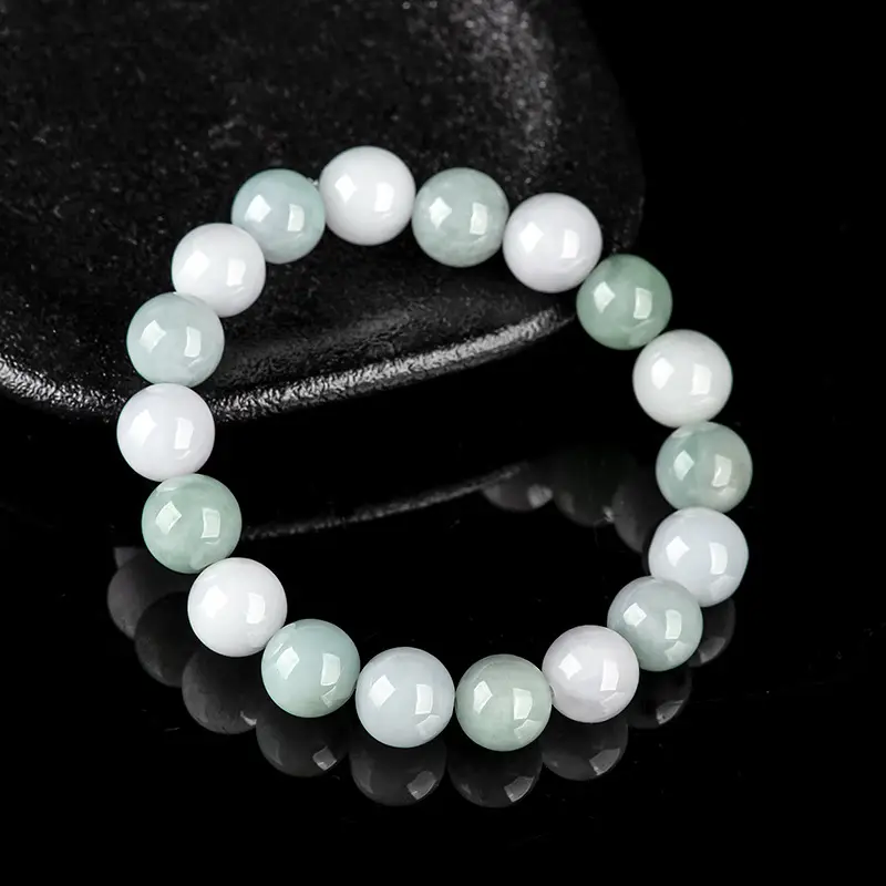 Natural Burma Jade Bead Bracelet 10mm Green White - Image 2