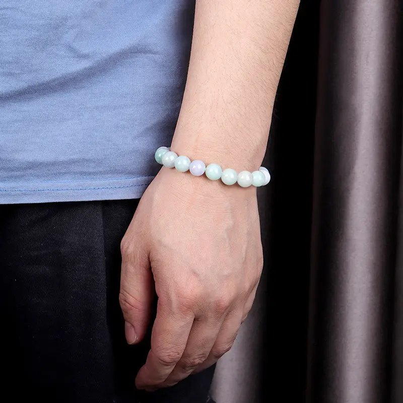 Natural Burma Jade Bead Bracelet 10mm Green White - Image 4