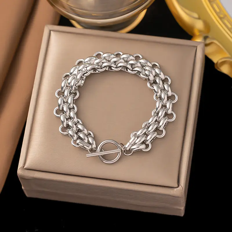 Titanium Steel Exaggerated Crossbody Bracelet with Red Stones - Image 2