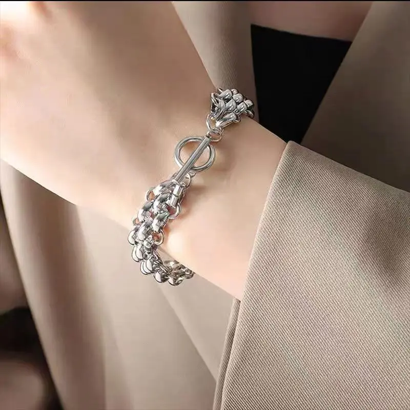 Titanium Steel Exaggerated Crossbody Bracelet with Red Stones - Image 6