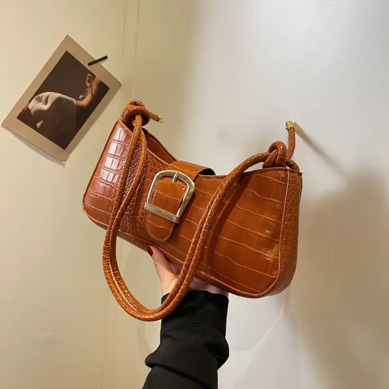 Brown Croc-Textured Shoulder Bag for Women 2023 - Image 7