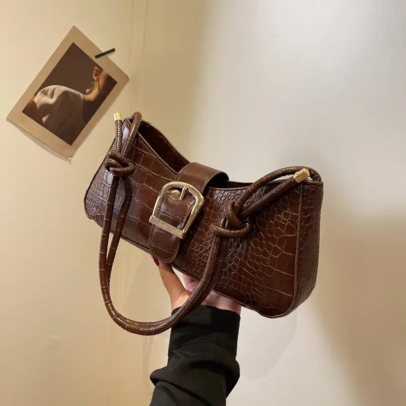 Brown Croc-Textured Shoulder Bag for Women 2023 - Image 8