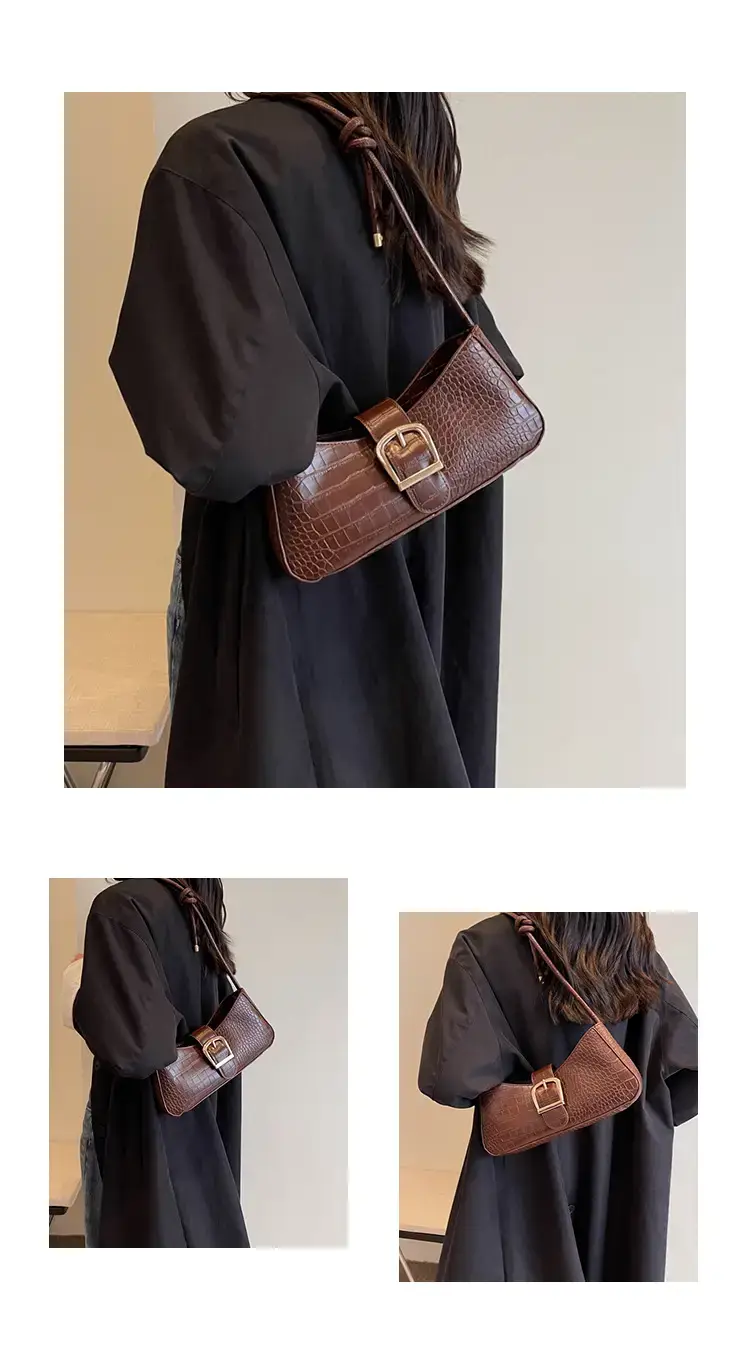 Brown Croc-Textured Shoulder Bag for Women 2023 — feature 9