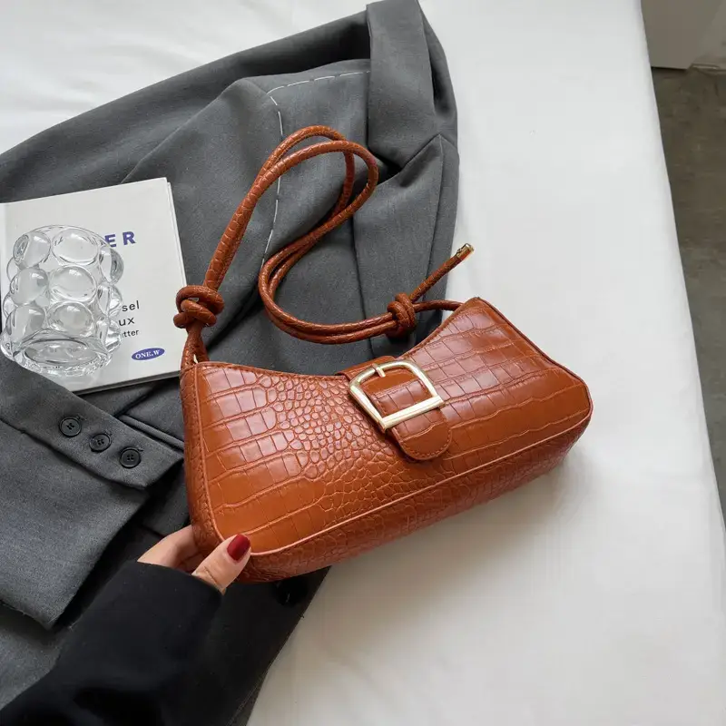 Brown Croc-Textured Shoulder Bag for Women 2023 - Image 3
