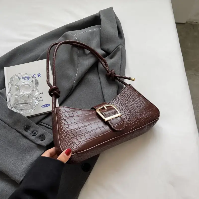 Brown Croc-Textured Shoulder Bag for Women 2023 - Image 4