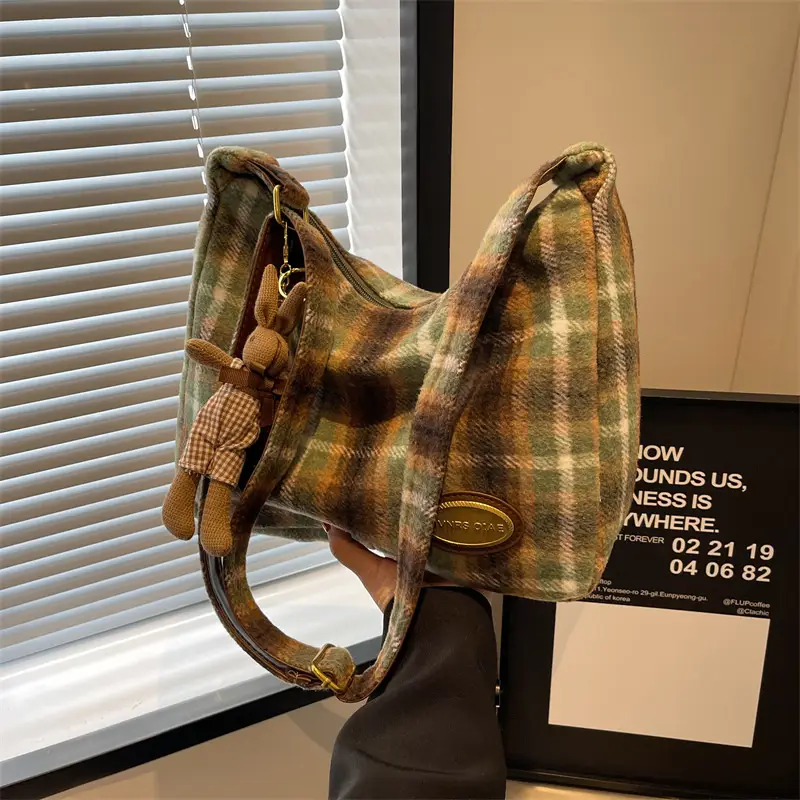 Women Woolen Plaid Shoulder Bag 2023 New Autumn Winter - Image 8
