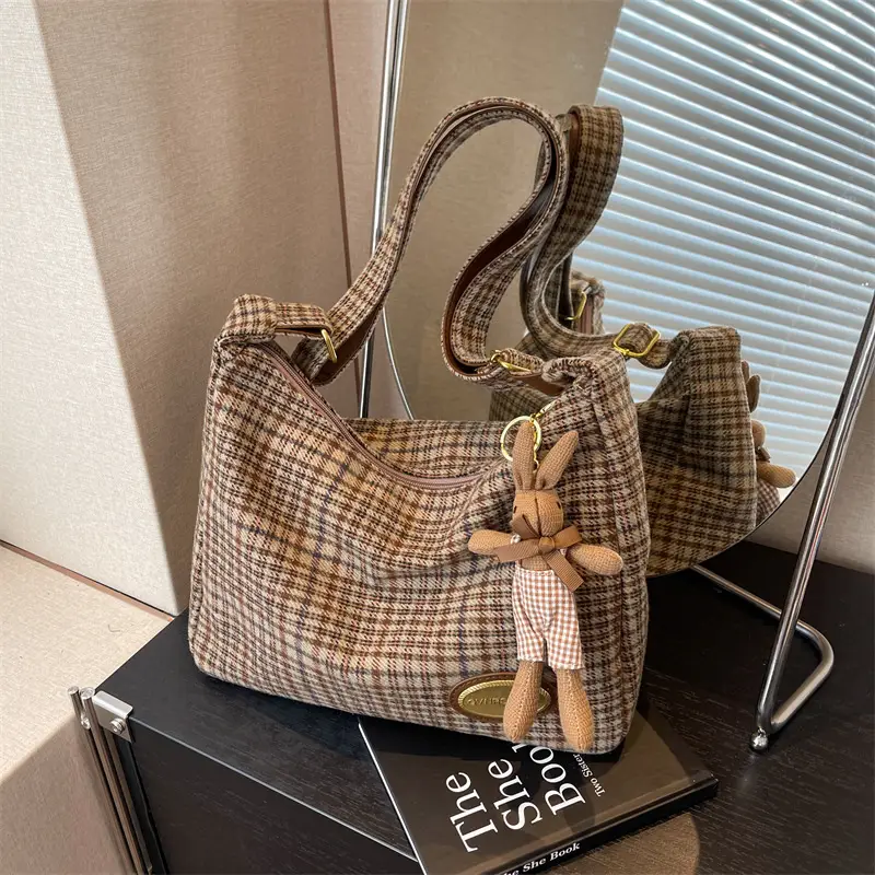 Women Woolen Plaid Shoulder Bag 2023 New Autumn Winter - Image 9