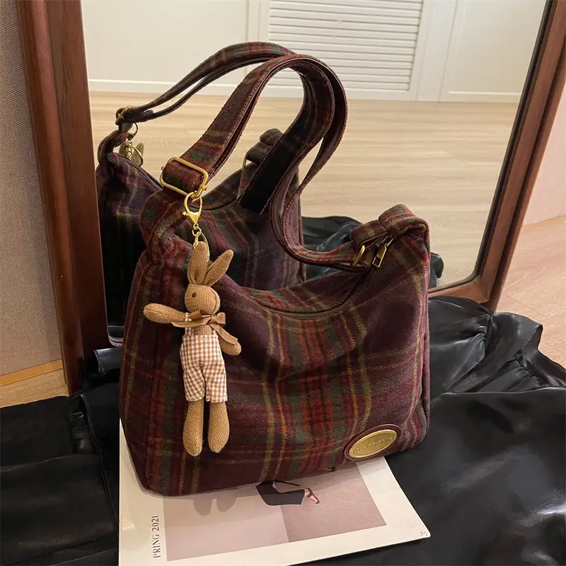 Women Woolen Plaid Shoulder Bag 2023 New Autumn Winter - Image 10