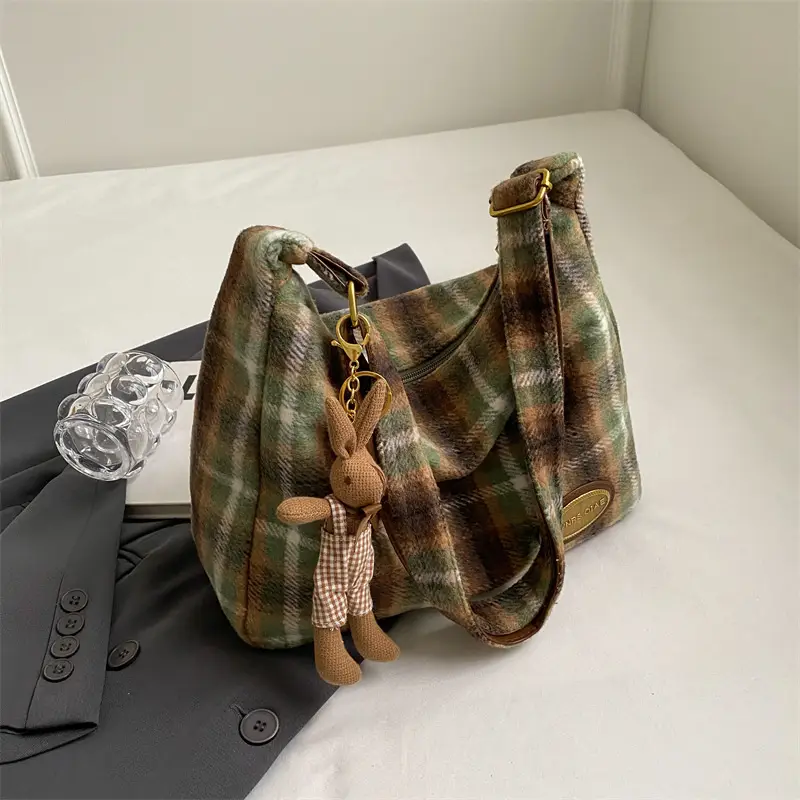 Women Woolen Plaid Shoulder Bag 2023 New Autumn Winter - Image 2