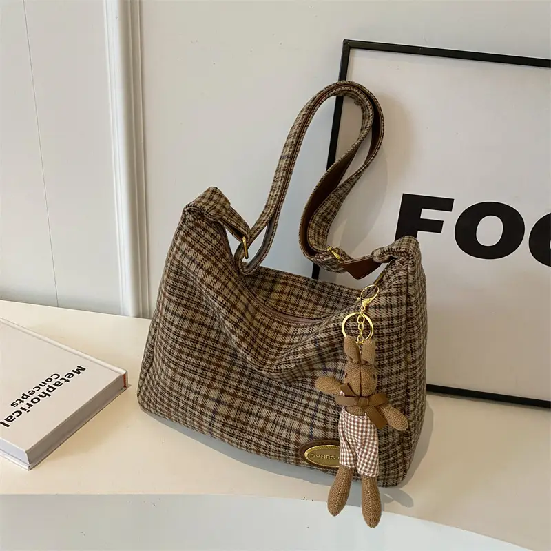 Women Woolen Plaid Shoulder Bag 2023 New Autumn Winter - Image 3
