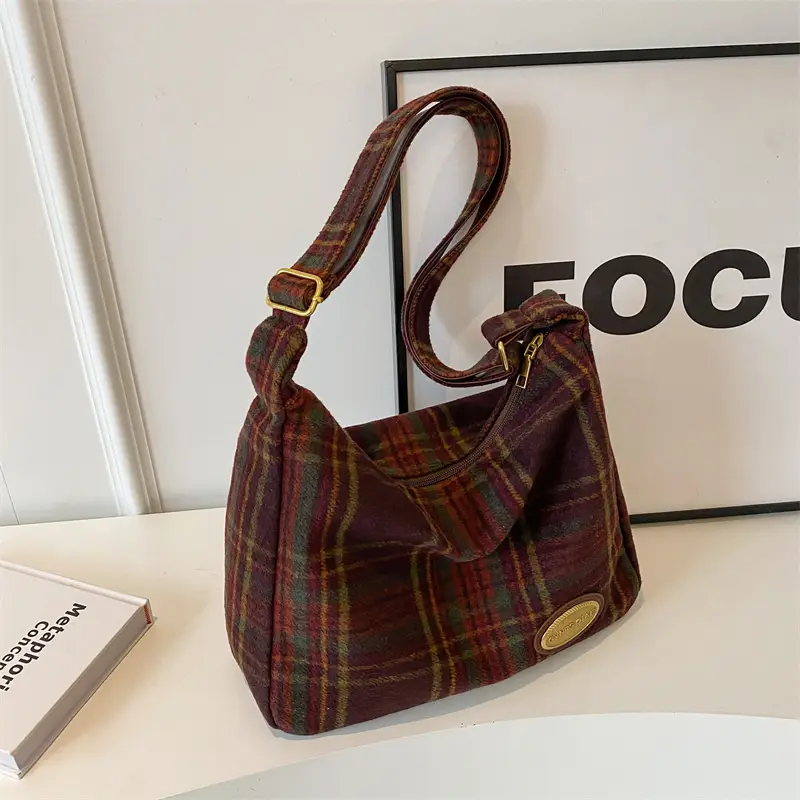 Women Woolen Plaid Shoulder Bag 2023 New Autumn Winter - Image 4